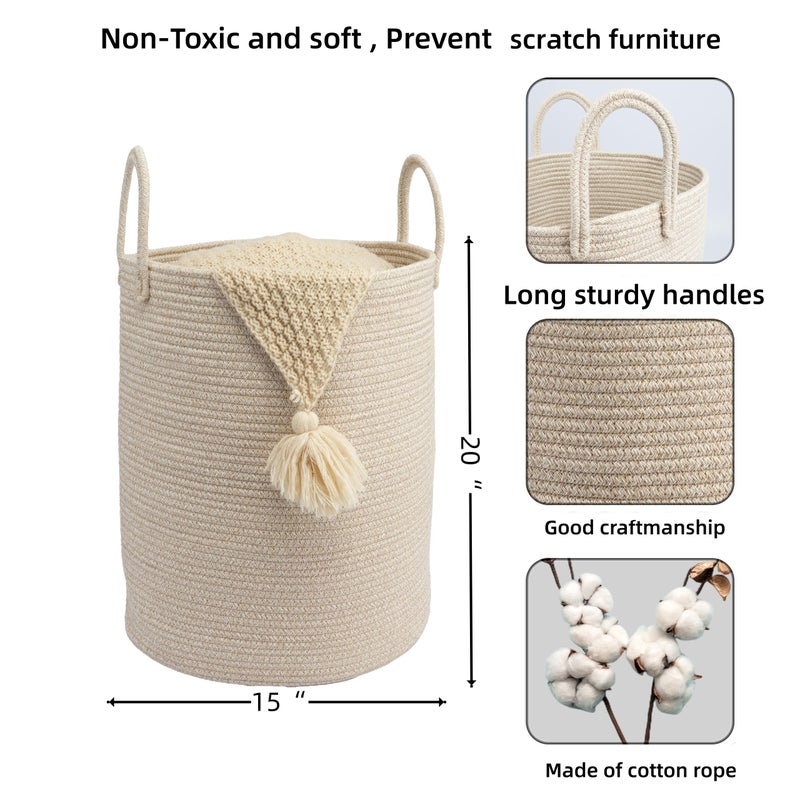 JUNBOLE Woven Cotton Rope Laundry basket-15â€X20â€ Laundry Hamper-Rope Storage Basket for Dirty Clothes, Toys and Blankets Perfect for Bathroom, Baby nursery and Living Room Storage (oatmeal) - Image 2