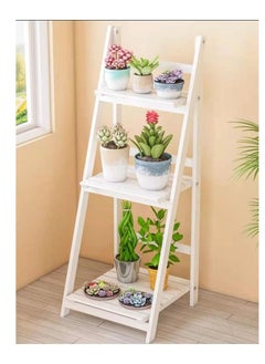 LINGWEI Wooden Foldable Plant Stand Book Shelf Display Flower Rack Stand 3 Layer Sollid Wood Ladder Design Flower Vase Shelves Bathroom Shelf (White)  - Image 1