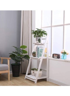 LINGWEI Wooden Foldable Plant Stand Book Shelf Display Flower Rack Stand 3 Layer Sollid Wood Ladder Design Flower Vase Shelves Bathroom Shelf (White)  - Image 3