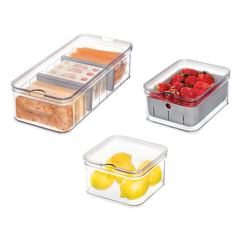 iDesign Crisp 3Piece Recycled Plastic Refrigerator Organizer Bin Set with Lids ClearGray