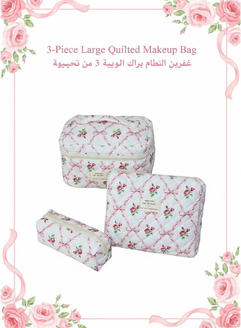 Ucanbe 3-Piece Large Quilted Makeup Bag Set for Women & Girls – Floral Cotton Cosmetic Bags for Travel, Toiletry Organizer, and Daily Use - Image 1