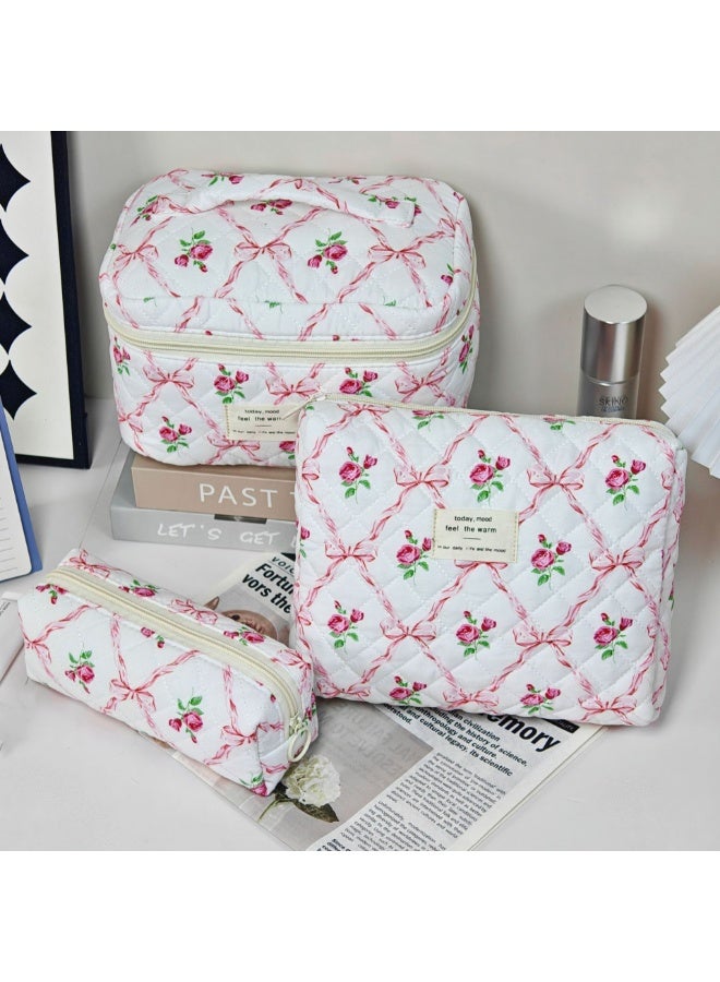 Ucanbe 3-Piece Large Quilted Makeup Bag Set for Women & Girls – Floral Cotton Cosmetic Bags for Travel, Toiletry Organizer, and Daily Use - Image 3