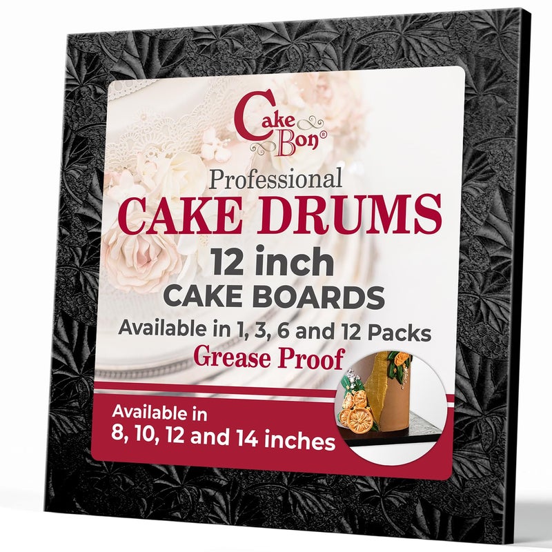 Cakebon Cake Boards Square  Sturdy 12 Inch Thick Drums  12 Inch Professionally Wrapped Edges Black 1Pack