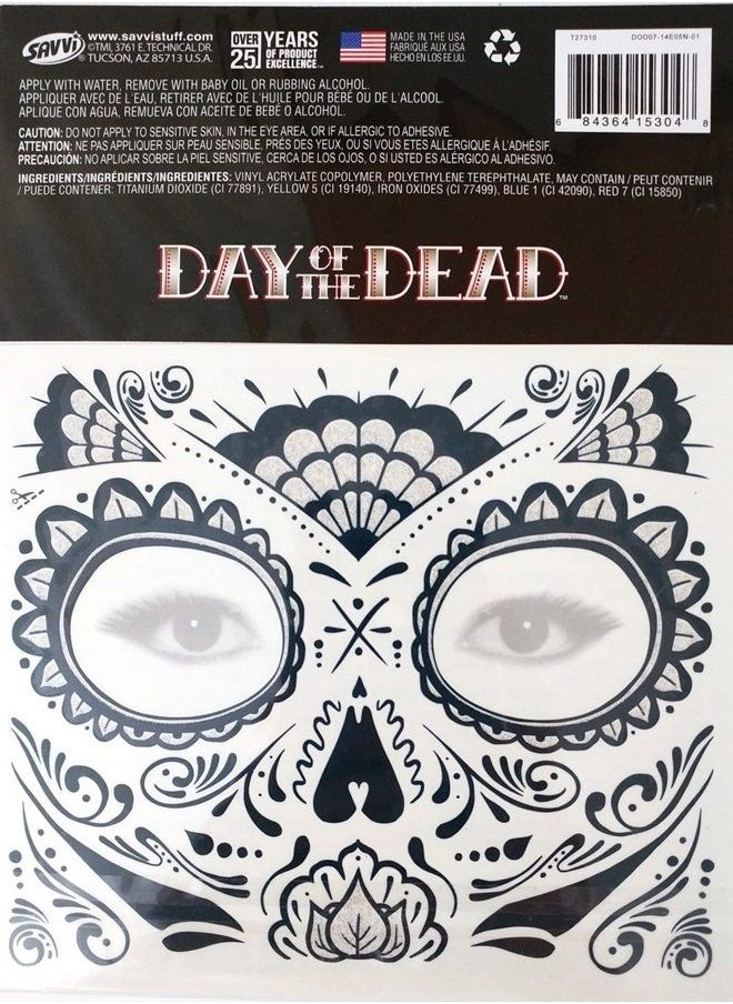 SAVVi - Day Of The Dead Sugar Skull Temporary Face Tattoos (GLITTER WEB) - Image 1