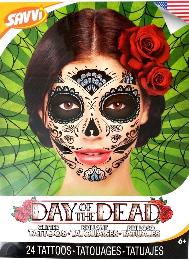 SAVVi - Day Of The Dead Sugar Skull Temporary Face Tattoos (GLITTER WEB) - Image 1
