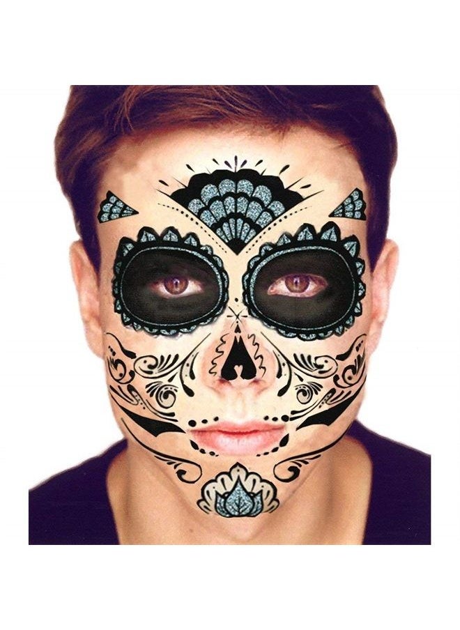 SAVVi - Day Of The Dead Sugar Skull Temporary Face Tattoos (GLITTER WEB) - Image 1