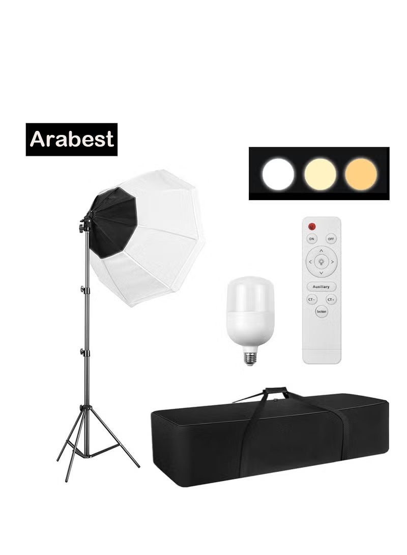 Arabest Professional Studio Octagonal Softbox Set 200W LED Tri-Colour Dimmer 360° Panoramic Fill Light Studio Indoor Fill Light 70*70cm Softbox+200W Bulb+2M Light Stand+Storage Bag - Image 1
