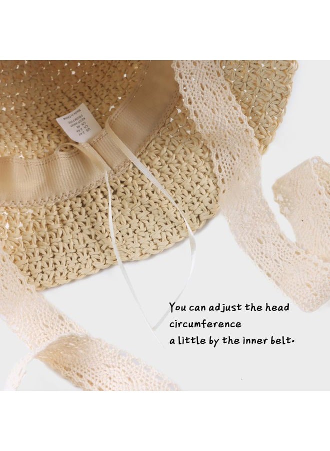 JANGANNSA Baby Girl Straw Hat Outdoor Baby Sun Protection Hats Summer Bowknot Beach Cap for Infant Toddler Girls(Lace Tie-Beige,6-24 Months) - Image 4