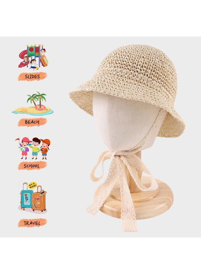 JANGANNSA Baby Girl Straw Hat Outdoor Baby Sun Protection Hats Summer Bowknot Beach Cap for Infant Toddler Girls(Lace Tie-Beige,6-24 Months) - Image 2