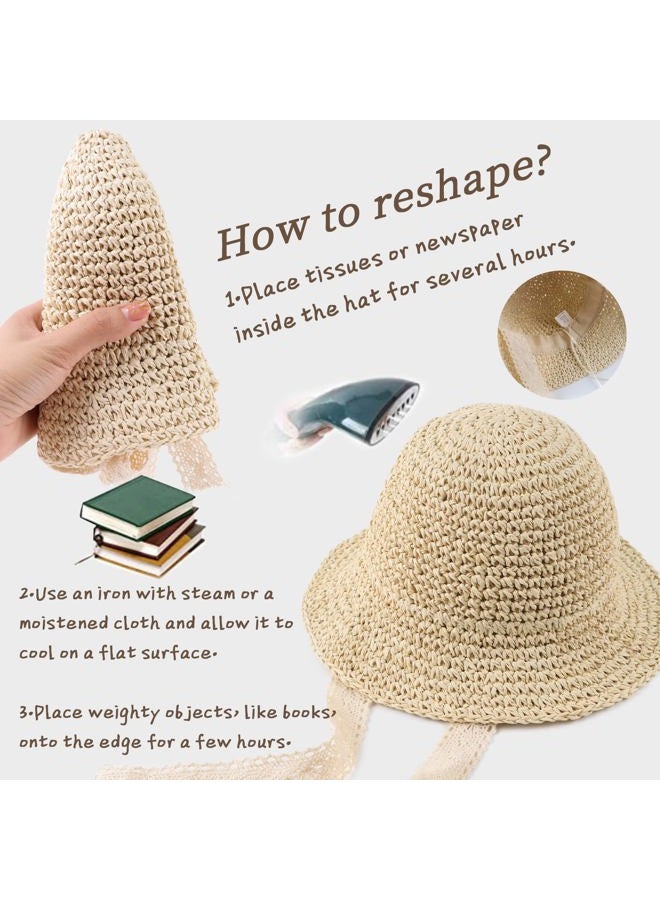 JANGANNSA Baby Girl Straw Hat Outdoor Baby Sun Protection Hats Summer Bowknot Beach Cap for Infant Toddler Girls(Lace Tie-Beige,6-24 Months) - Image 5
