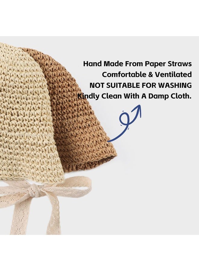 JANGANNSA Baby Girl Straw Hat Outdoor Baby Sun Protection Hats Summer Bowknot Beach Cap for Infant Toddler Girls(Lace Tie-Beige,6-24 Months) - Image 3