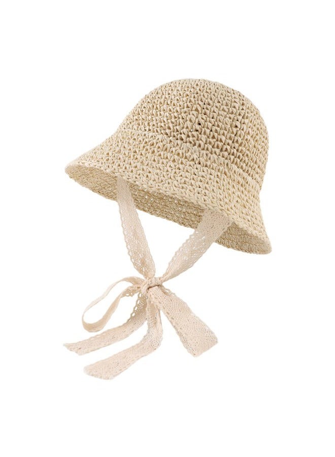 JANGANNSA Baby Girl Straw Hat Outdoor Baby Sun Protection Hats Summer Bowknot Beach Cap for Infant Toddler Girls(Lace Tie-Beige,6-24 Months) - Image 1