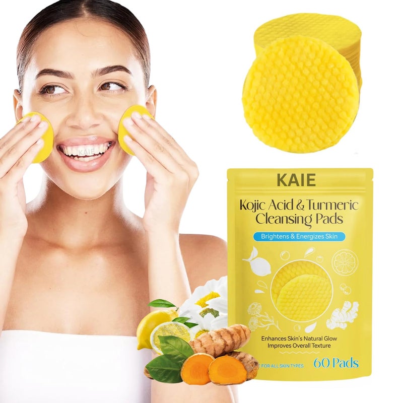KAIE Kojic Acid & Turmeric Face Cleansing Pads, for Dark Spots, De-Tan, Acne Prevention & Brighten, Exfoliating pads for Face, All Skin Types (60 Pads * pack 1), (60, Lemon) - Image 1
