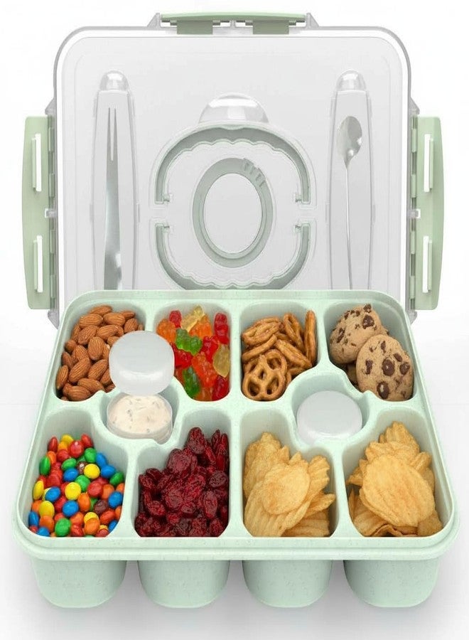 WAWINY Dishwasher Safe Snackle Box Container, Snack Divided Serving Tray with Lid, Portable Snack Organizer with Date Marker, 2 Dressing Containers, Fork and Spoon, Green - Image 1
