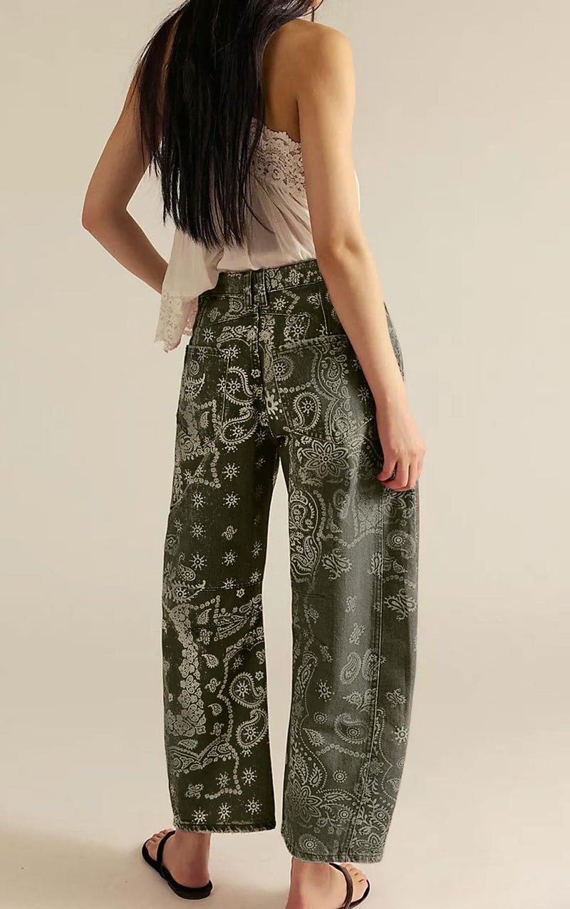 loveimgs Women Boyfriend Baggy Barrel Jeans Floral Print Denim Ankle Pants Wide Leg Mid Rise Jeans Sweatpants Y2k Patchwork (Large,Green) - Image 4