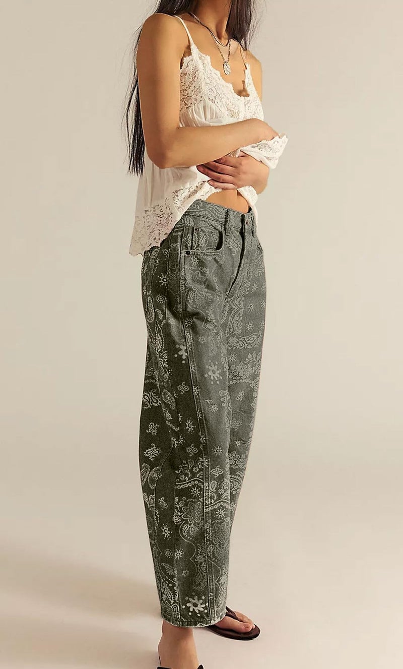 loveimgs Women Boyfriend Baggy Barrel Jeans Floral Print Denim Ankle Pants Wide Leg Mid Rise Jeans Sweatpants Y2k Patchwork (Large,Green) - Image 5