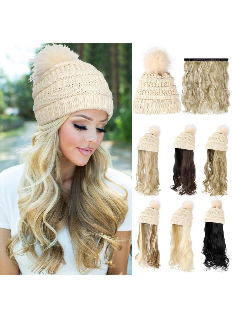 Lansigreen - Hat Wig Beanie Hat with Hair Long Wavy Extensions Knit Pom Pom Hat Attached 20 Synthetic Removable Hairpiece for Women Winter Ash Blonde - Image 1