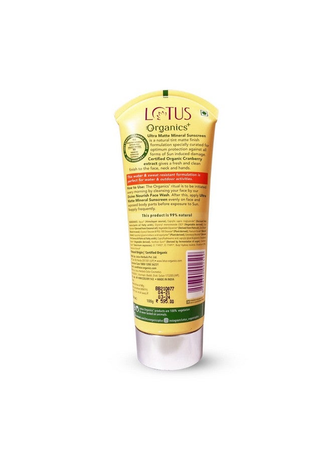 Lotus Organics+ Ultra Matte Mineral Sunscreen Cream Water Resistant & Sweat Resistant, Spf 40 Pa+++, 50G, All Skin Type  - Image 2