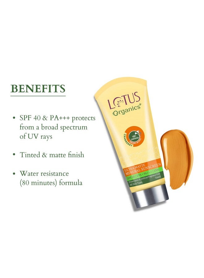 Lotus Organics+ Ultra Matte Mineral Sunscreen Cream Water Resistant & Sweat Resistant, Spf 40 Pa+++, 50G, All Skin Type  - Image 4