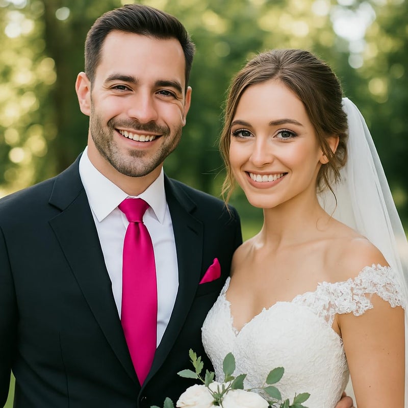 trilece Silk Hot Pink Tie and Pocket Square Business Wedding Formal Necktie for Men - Image 3