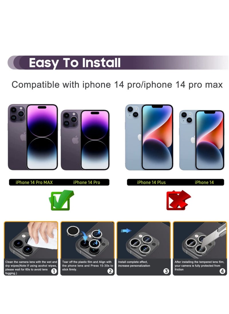 Raxoom Camera Lens Protector, Set with Diamonds Bling Camera Cover Tempered Glass for iPhone 14 Pro Max /14 Pro [Perfectly Fit] - Diamond Black - Image 2