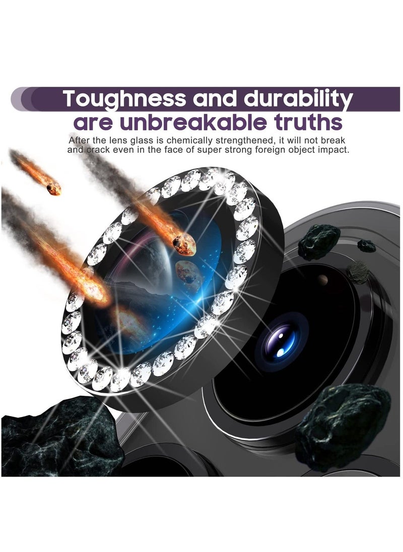 Raxoom Camera Lens Protector, Set with Diamonds Bling Camera Cover Tempered Glass for iPhone 14 Pro Max /14 Pro [Perfectly Fit] - Diamond Black - Image 3