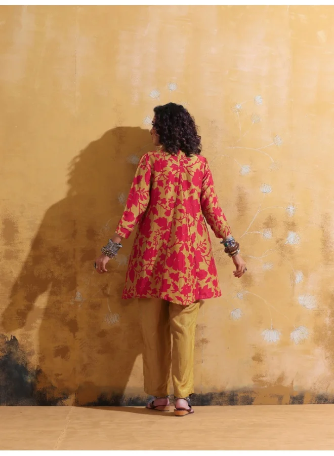 ترو برونز trueBrowns Red Mustard Jaal Print Muslin SIlk A-Line Co-ord Set