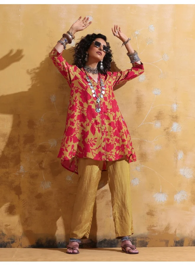 ترو برونز trueBrowns Red Mustard Jaal Print Muslin SIlk A-Line Co-ord Set