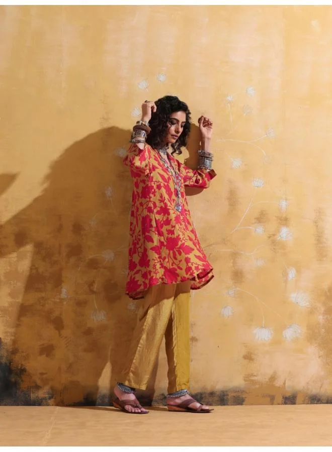 trueBrowns trueBrowns Red Mustard Jaal Print Muslin SIlk A-Line Co-ord Set