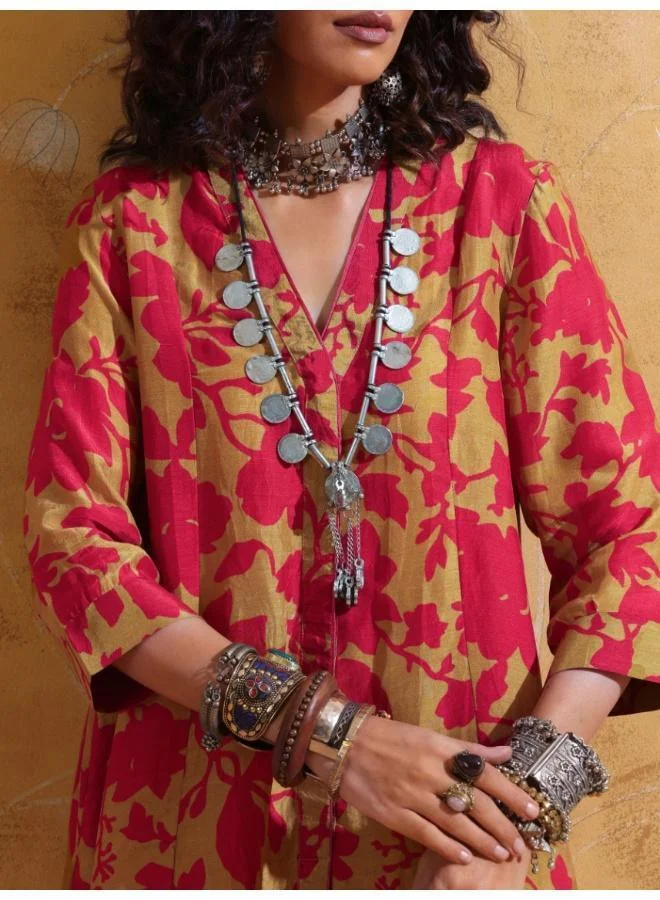 trueBrowns trueBrowns Red Mustard Jaal Print Muslin SIlk A-Line Co-ord Set
