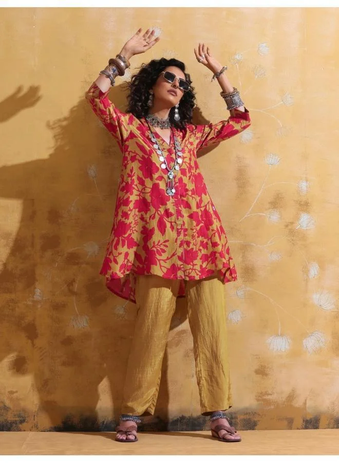 trueBrowns trueBrowns Red Mustard Jaal Print Muslin SIlk A-Line Co-ord Set