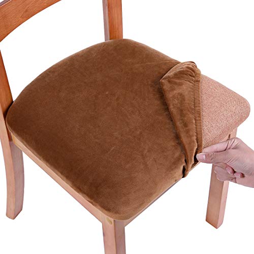 Smiry Velvet Seat Covers for Dining Room Chair Set of 2, Stretch Fit Removable Washable Chair Seat Cushion Protector Slipcovers with Ties, Camel - Image 1