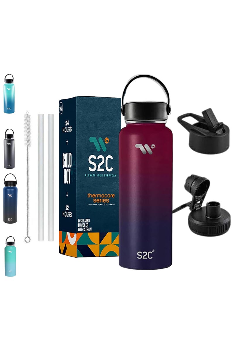 S2C 1200Ml Insulated Water Bottle With 3 Lids, Double Wall, Leak Proof, Stainless Steel Water Bottle With Straw Water Bottle For Gym, Water Bottle Thermos Flask For Hot Water Bottle (Dark Rainbow) - Image 1