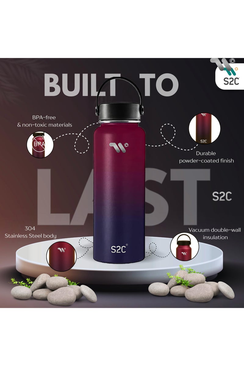 S2C 1200Ml Insulated Water Bottle With 3 Lids, Double Wall, Leak Proof, Stainless Steel Water Bottle With Straw Water Bottle For Gym, Water Bottle Thermos Flask For Hot Water Bottle (Dark Rainbow) - Image 2