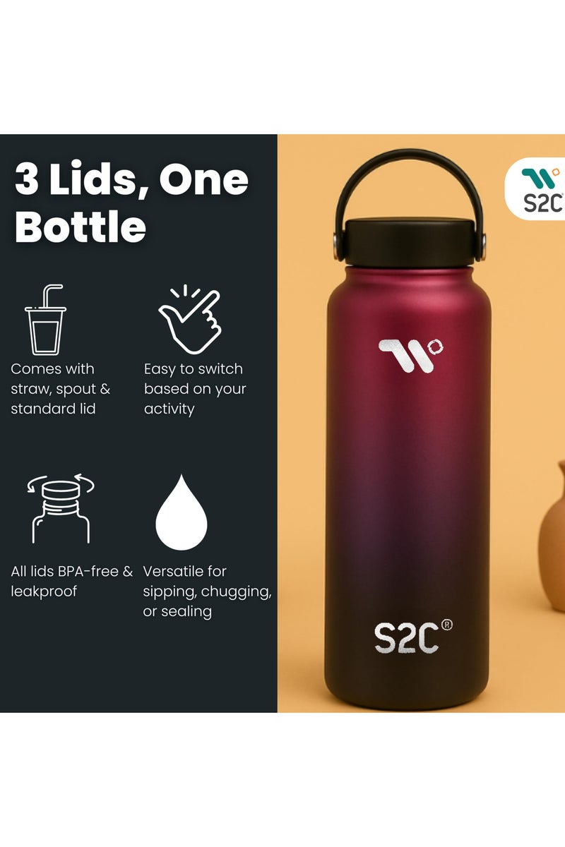 S2C 1200Ml Insulated Water Bottle With 3 Lids, Double Wall, Leak Proof, Stainless Steel Water Bottle With Straw Water Bottle For Gym, Water Bottle Thermos Flask For Hot Water Bottle (Dark Rainbow) - Image 3