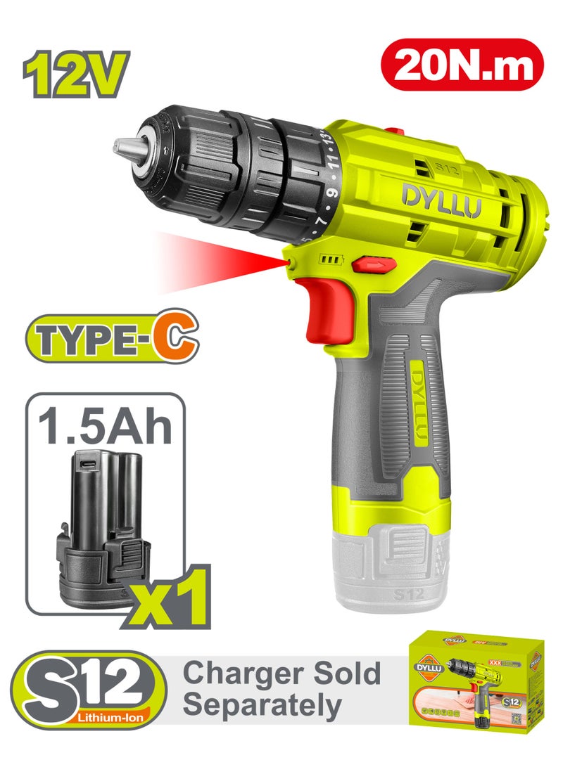 DYLLU 12V Cordless Drill 20Nm – 2-Speed Precision Driver with LED Light