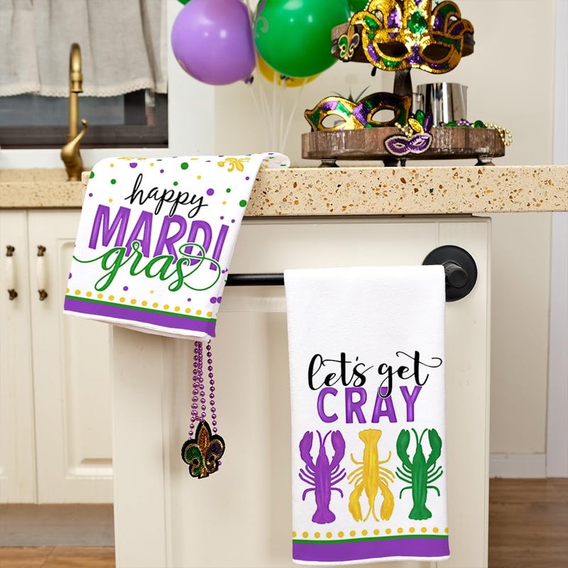 ARKENY Mardi Gras Kitchen Towels Set of 2,Purple Fleur De Lis Crayfish Dish Towels 18x26 Inch Drying Dishcloth,Farmhouse Home Mardi Gras Carnival Seasonal Holiday Decorations AD193 - Image 3