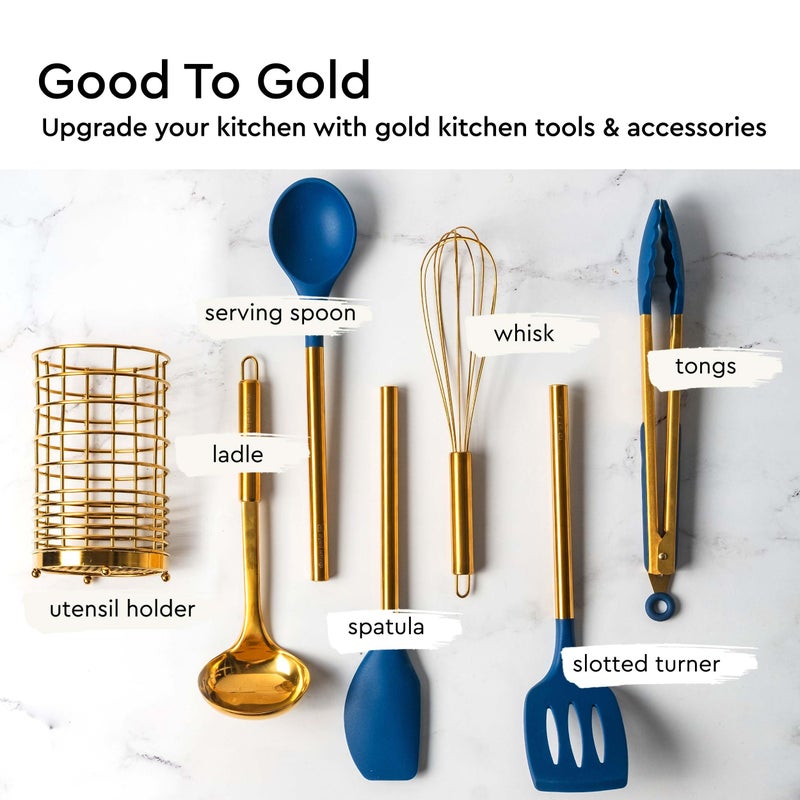 styled settings Gold and Navy Blue Kitchen Utensils Set - 7-Piece Silicone Cooking Tools for Nonstick Cookware with Utensil Holder - Stylish Cooking Gifts for Modern Kitchens - Image 3
