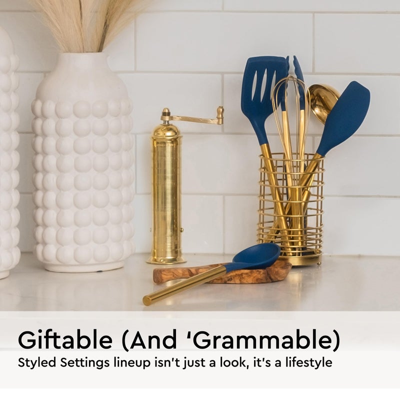 styled settings Gold and Navy Blue Kitchen Utensils Set - 7-Piece Silicone Cooking Tools for Nonstick Cookware with Utensil Holder - Stylish Cooking Gifts for Modern Kitchens - Image 2