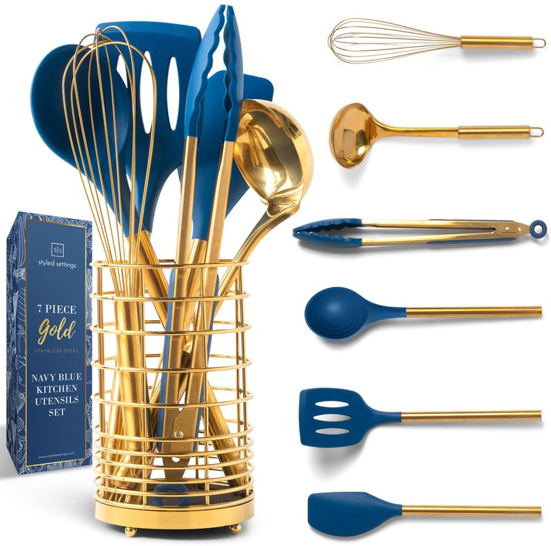 styled settings Gold and Navy Blue Kitchen Utensils Set - 7-Piece Silicone Cooking Tools for Nonstick Cookware with Utensil Holder - Stylish Cooking Gifts for Modern Kitchens - Image 1