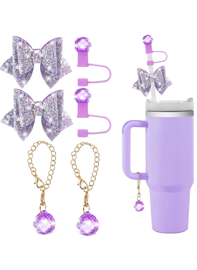 JOSQUEWNN Purple Bling Straw Cover for Stanley Cup Accessories, Sparkling Crystal Toppers, Cute Bow Ties and Crystal Prism Chain Charms for 30 Or 40 0z Tumbler with Handle,10mm 0.4in Straw Lid Cap  - Image 1