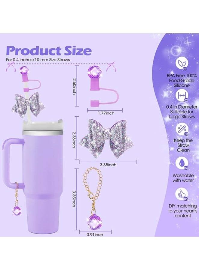 JOSQUEWNN Purple Bling Straw Cover for Stanley Cup Accessories, Sparkling Crystal Toppers, Cute Bow Ties and Crystal Prism Chain Charms for 30 Or 40 0z Tumbler with Handle,10mm 0.4in Straw Lid Cap  - Image 2
