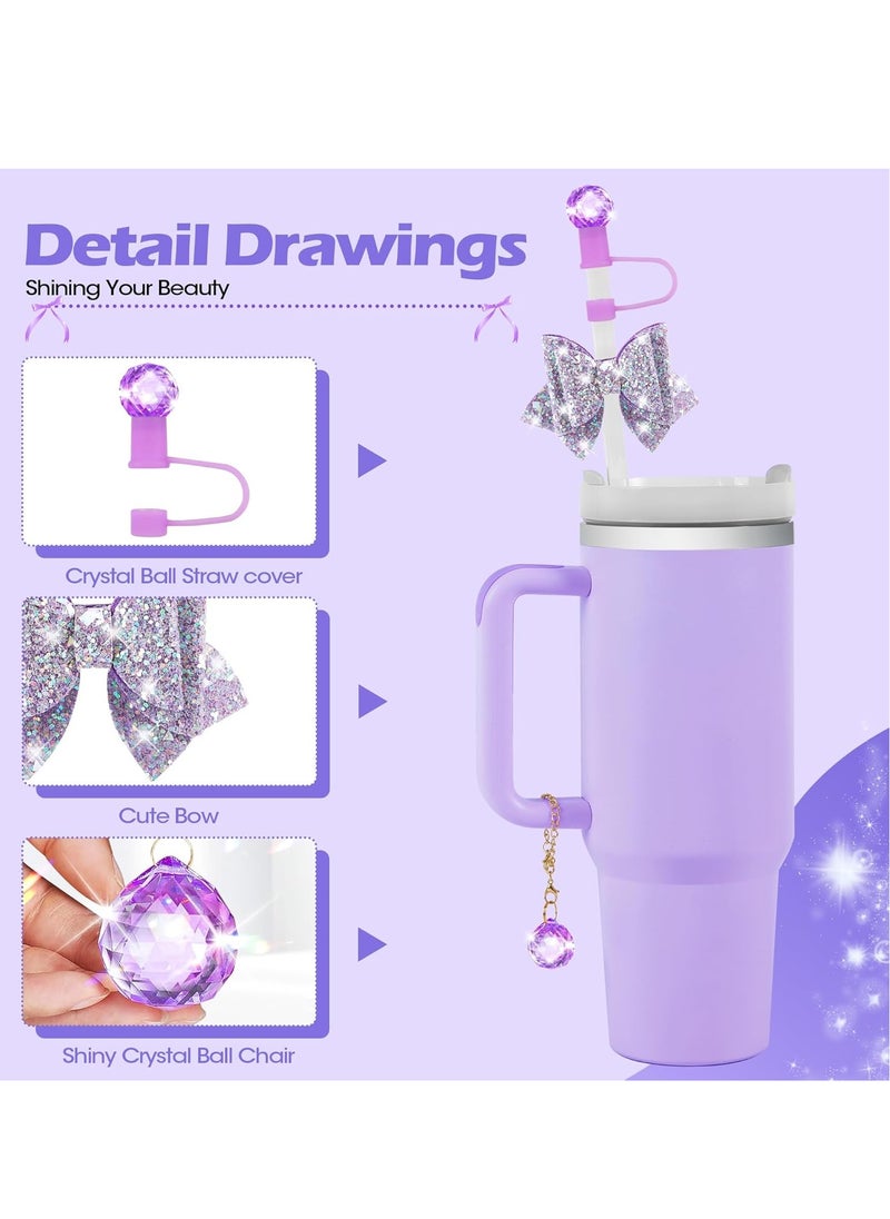 JOSQUEWNN Purple Bling Straw Cover for Stanley Cup Accessories, Sparkling Crystal Toppers, Cute Bow Ties and Crystal Prism Chain Charms for 30 Or 40 0z Tumbler with Handle,10mm 0.4in Straw Lid Cap  - Image 3