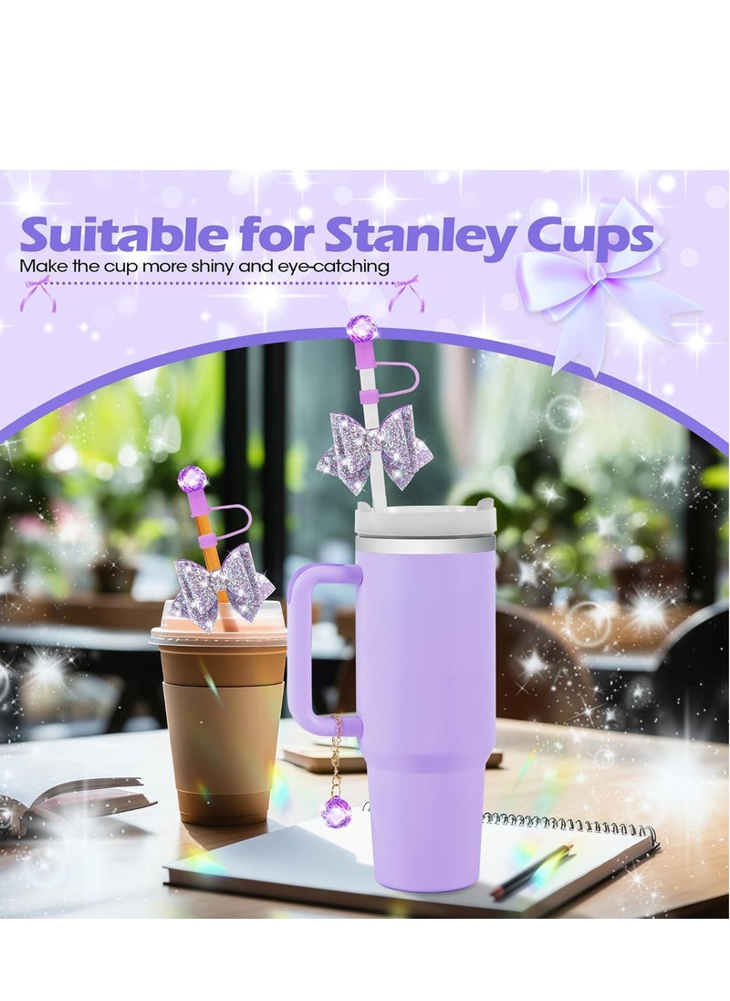 JOSQUEWNN Purple Bling Straw Cover for Stanley Cup Accessories, Sparkling Crystal Toppers, Cute Bow Ties and Crystal Prism Chain Charms for 30 Or 40 0z Tumbler with Handle,10mm 0.4in Straw Lid Cap  - Image 4