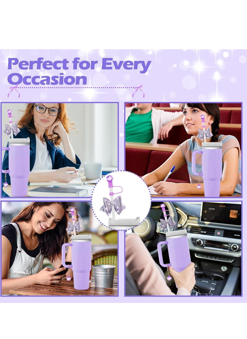 JOSQUEWNN - Purple Bling Straw Cover for Stanley Cup Accessories, Sparkling Crystal Toppers, Cute Bow Ties and Crystal Prism Chain Charms for 30 Or 40 0z Tumbler with Handle,10mm 0.4in Straw Lid Cap - Image 1
