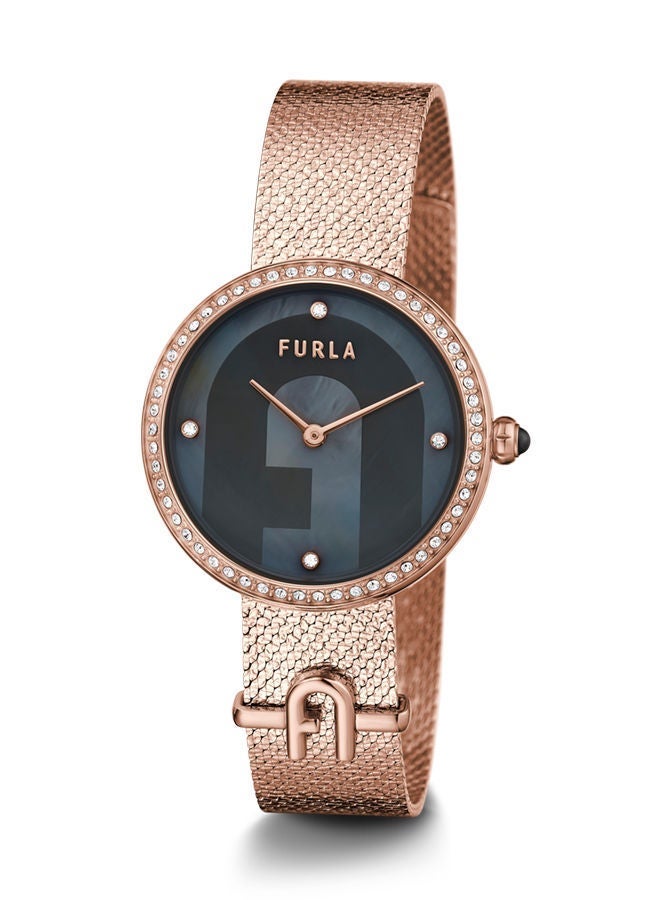 Furla ساعة FURLA صغيرة بشعار للنساء بمينا رمادية وسوار من الفولاذ المقاوم للصدأ باللون الذهبي الوردي - Image 1