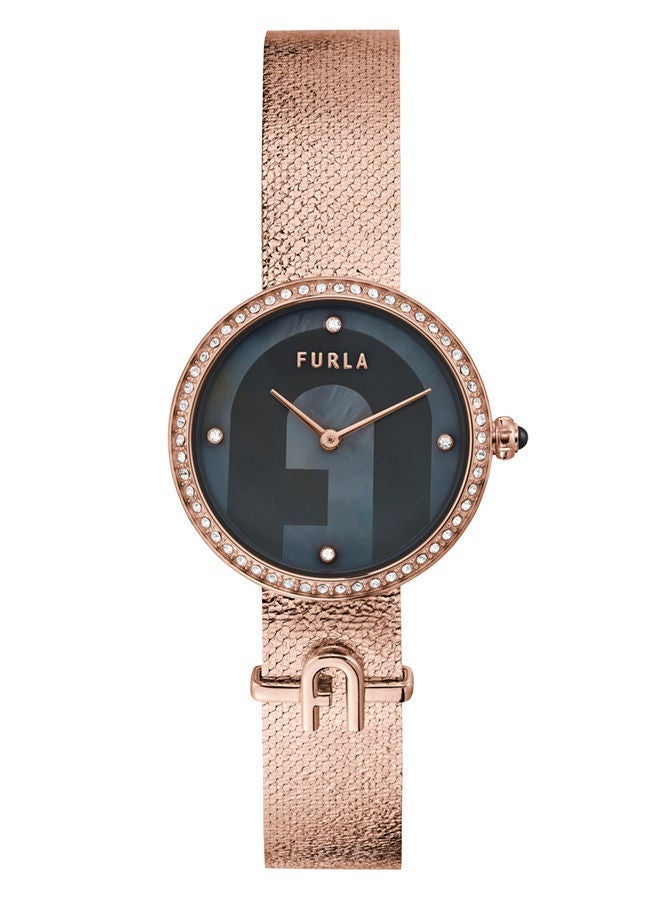 Furla ساعة FURLA صغيرة بشعار للنساء بمينا رمادية وسوار من الفولاذ المقاوم للصدأ باللون الذهبي الوردي - Image 4