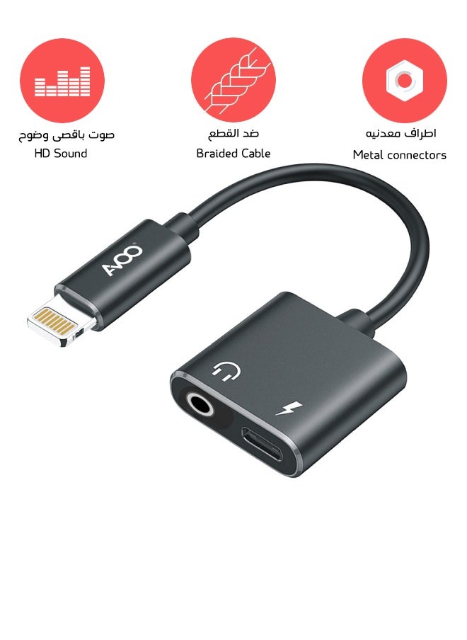 AVOO - 2 In 1 3.5 mm Headphone Jack And Lightning Charging Adapter For iPhone 8, X, 11, 12, 13, 14 from Lightning output to two Lightning + Aux inputs, supports charging and listening to music at the same time. - Image 1