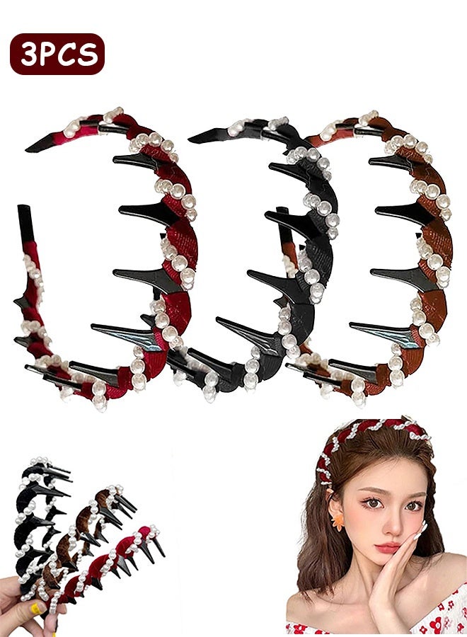 Photon 3 Pcs Vintage High Cranium Artificial Pearl Headbands, Anti-slip Decorative Hairband, Braided Headband for Women - Image 1