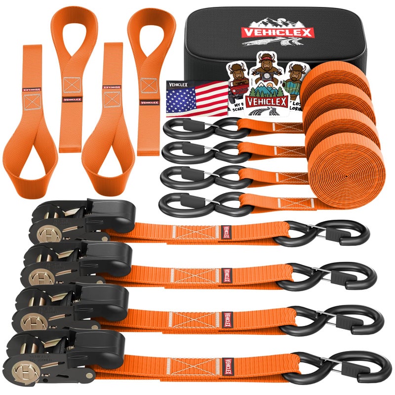Ratchet TieDown Straps Set  1 x 15 2200lbs Breaking Strength  Vehiclex Soft Loops Coated SHooks Storage Bag for ATV Motorcycle Bicycle Kayak Cargo Securing Orange